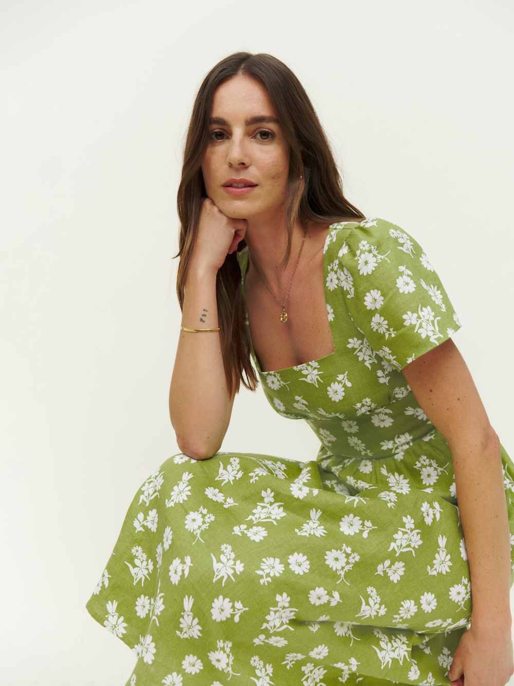 Reformation Moss Green Floral Pacome Linen Midi Dress - US 8